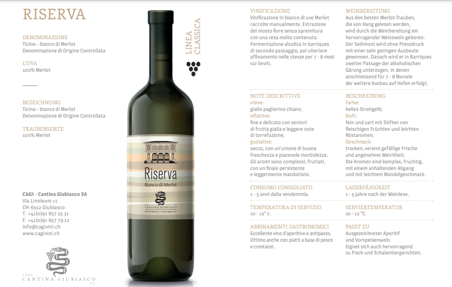 RISERVA BIANCO – Ticino DOC, bianco di Merlot - Hotelwein