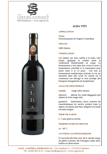 TICINO DOC – MERLOT “ALBA VITI” - Hotelwein