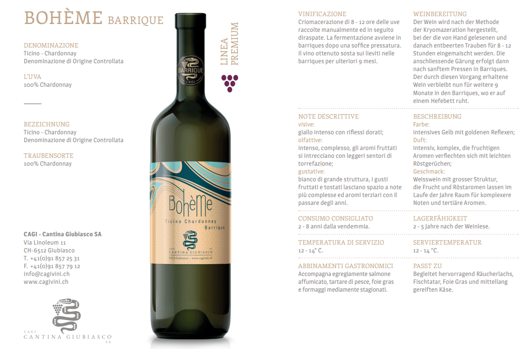 BOHÈME  Ticino DOC, Chardonnay Barrique, 75cl - Hotelwein