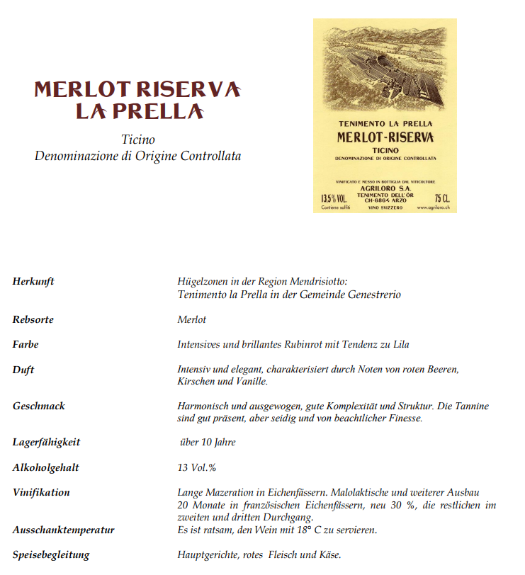 Merlot Riserva la Prella, Agriloro - Hotelwein